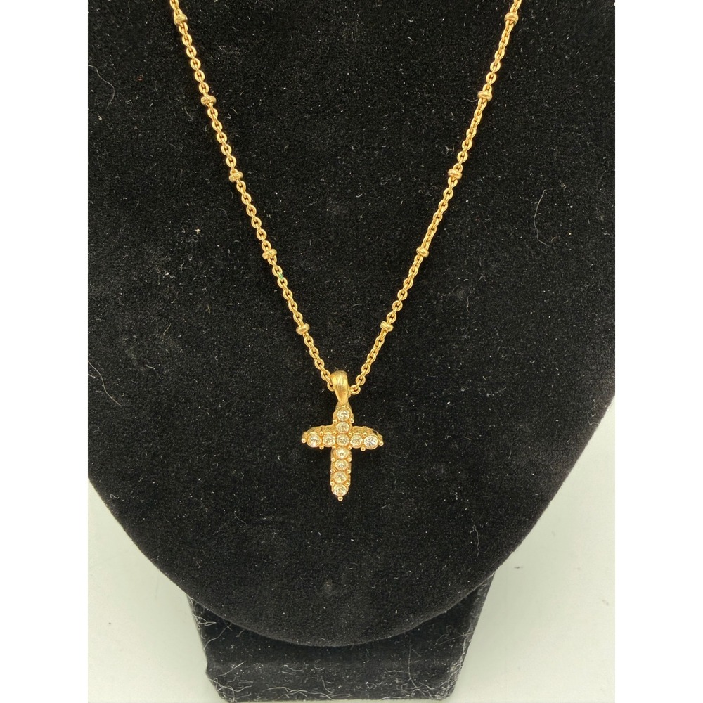 Avon Gold Tone Rhinestone Cross Pendant Necklace Beaded‎ Station Chain Vintage